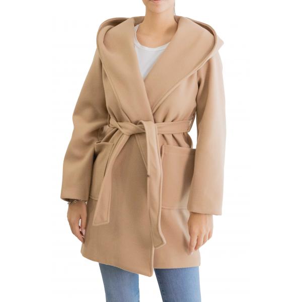 Cappotto corto con cinta tinta unita